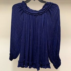 Navy with gold pinstripe, off the shoulder top